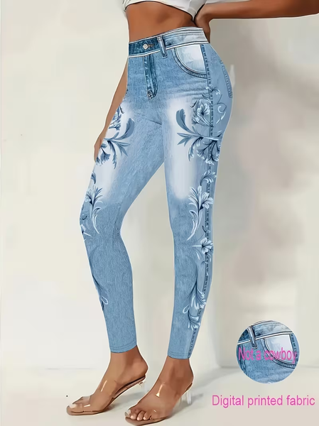 

Women Faux Denim Print Graphic Casual All Season Ankle Pants Leggings, Denim blue, Leggings