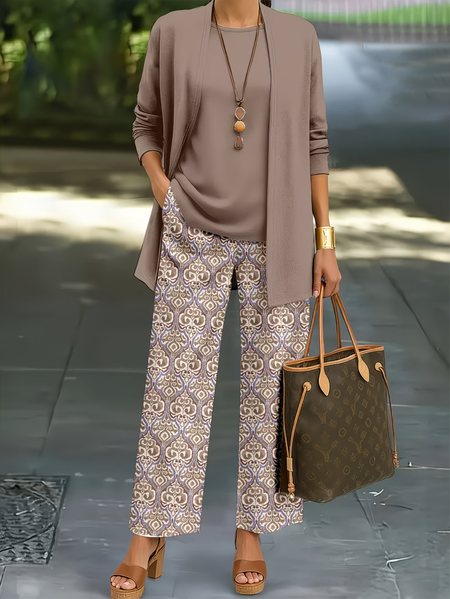 

Women Abstract Printing Matching Outfit Daily Long Sleeve Casual Spring/Fall Multi-Piece Set Matching Set, As picture, Suit Set