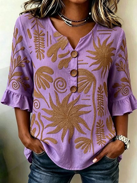 

V Neck Half Sleeve Floral Regular Regular Fit Blouse For Women, Purple, Blouses