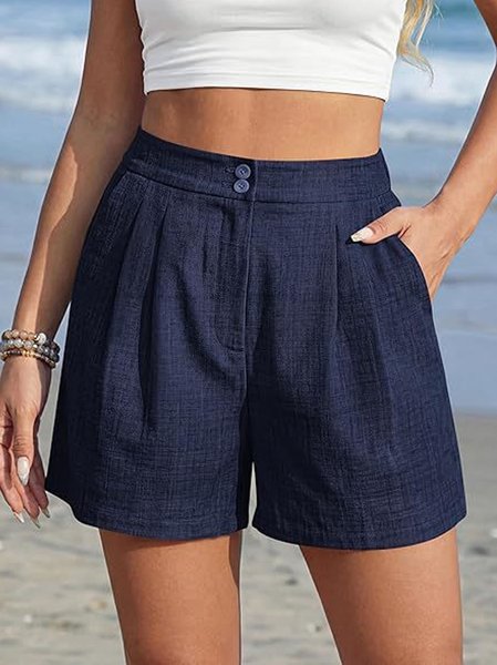 

Casual Plain High Waist Straight Pants Shorts, Navyblue, Shorts