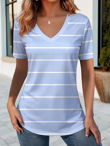 

Women Striped Short Sleeve Tee T-shirt V Neck Printing Vintage Summer Top, Blue, T-Shirts