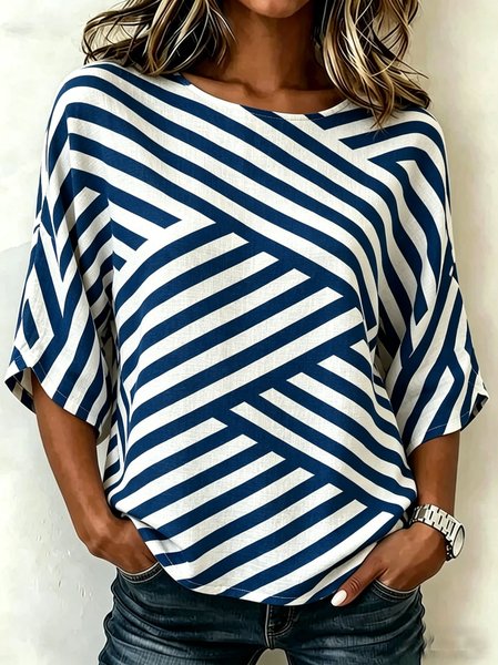 

Crew Neck Half Sleeve Striped Regular Loose Blouse For Women, White-blue, Blouses