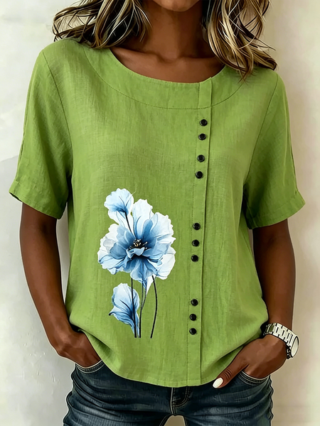 

Crew Neck Short Sleeve Floral Regular Loose Shirt For Women, Green, Blouses
