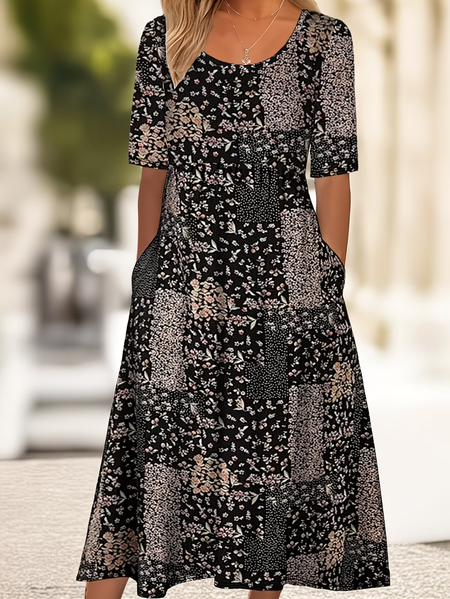 

Women Floral Summer Printing Dress Crew Neck Short Sleeve Shift Dress H-Line Dress, Black, Dresses