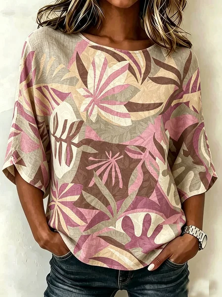 Crew Neck Half Sleeve Floral Regular Loose Blouse For Women
