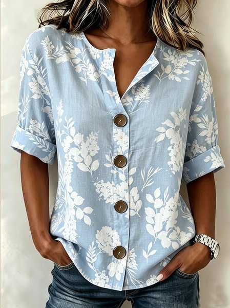 

Stand Collar Three Quarter Sleeve Floral Regular Loose Shirt For Women, Blue, Shirts