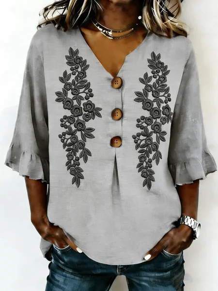 

Half Sleeve Floral Lightweight Loose Shirt For Women, Gray, Blouses