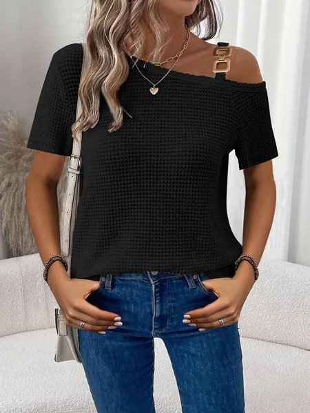 

Women Plain Short Sleeve Tee T-shirt Asymmetrical Jacquard Casual Summer Top, Black, T-Shirts