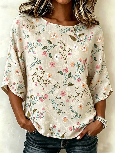 

Crew Neck Half Sleeve Floral Regular Loose Blouse For Women, Apricot, Blouses