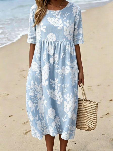 

Women Floral Summer Dress Crew Neck Short Sleeve Fit & Flare Dress A-Line Dress, Blue, Dresses