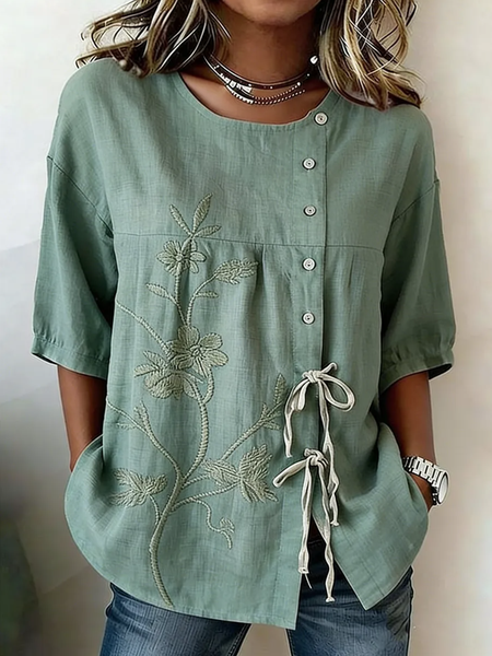 

Crew Neck Half Sleeve Floral Regular Loose Blouse For Women, Green, Blouses