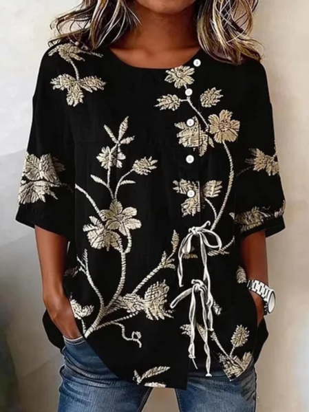 

Crew Neck Half Sleeve Floral Regular Loose Blouse For Women, Black, Blouses
