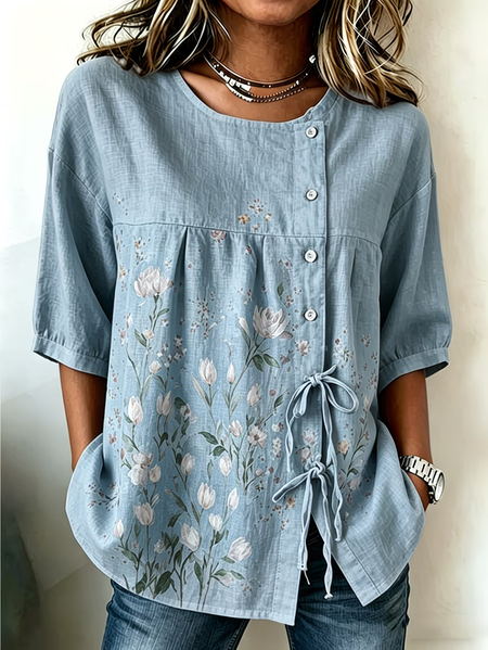 

Women Floral Crew Neck Half Sleeve Shirt Vintage Daily Summer Top, Blue, Shirts