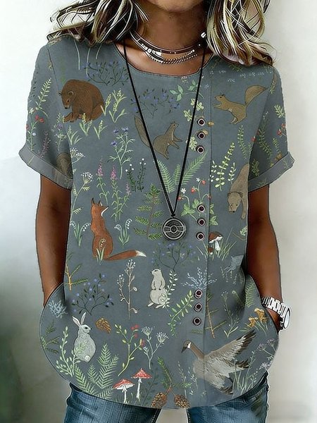 

Crew Neck Short Sleeve Floral Regular Loose Shirt For Women, Green, Blouses