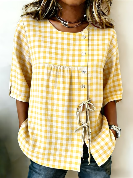 

Crew Neck Half Sleeve Plaid Regular Micro-Elasticity Loose Shirt For Women, Yellow, Shirts