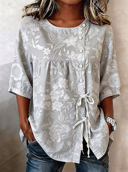 

Crew Neck Half Sleeve Floral Regular Micro-Elasticity Loose Shirt For Women, Gray, Shirts