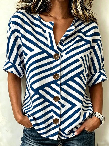 

Stand Collar Three Quarter Sleeve Striped Regular Loose Shirt For Women, Blue, Shirts