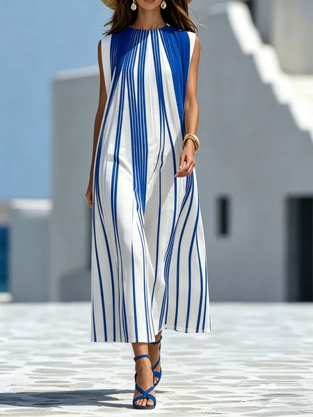 Vacation Striped Printing Crew Neck Maxi Dress