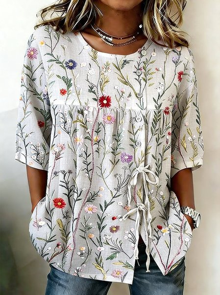 

Crew Neck Half Sleeve Floral Regular Loose Blouse For Women, White, Blouses