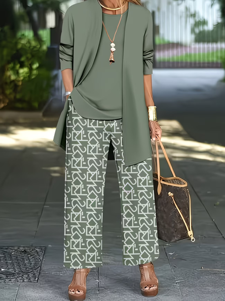 

Women Abstract Printing Matching Outfit Daily Long Sleeve Casual Spring/Fall Multi-Piece Set Matching Set, Green, Sets