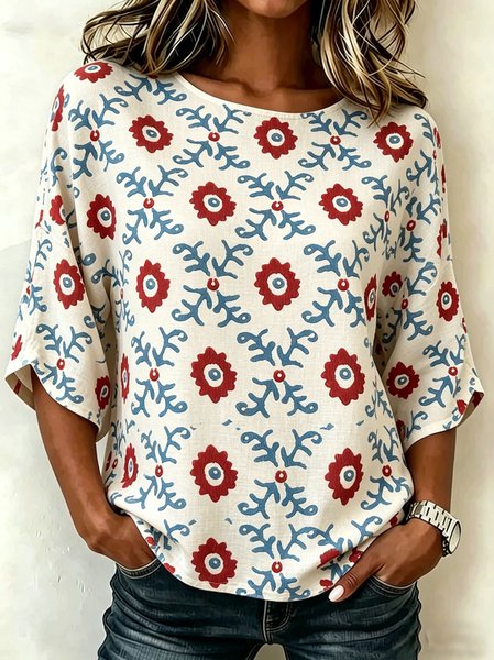 

Crew Neck Half Sleeve Floral Regular Loose Blouse For Women, As picture, Blouses