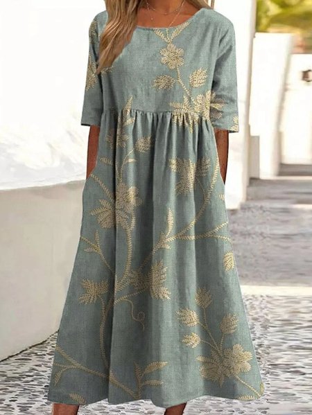 Women Floral Summer Dress Crew Neck Half Sleeve A-Line Dress