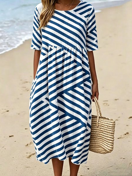 

Women Striped Summer Dress Crew Neck Short Sleeve Fit & Flare Dress A-Line Dress, White-blue, Dresses