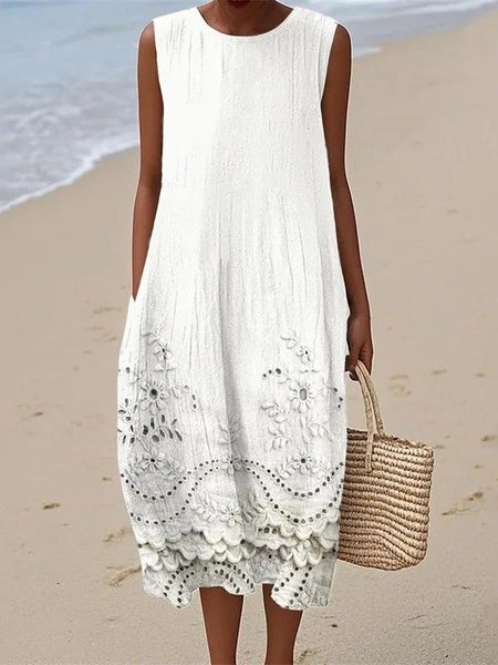 

Women Floral Summer Dress Crew Neck Sleeveless Tank H-Line Dress, White, Dresses