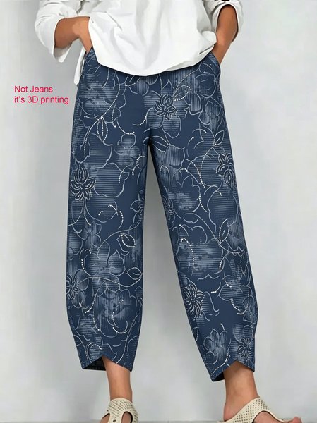 

Women Floral Capris Pants Casual Summer Trousers, Deep blue, Pants