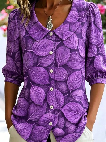 

Shawl Collar Half Sleeve Floral Regular Loose Shirt For Women, Purple, Shirts