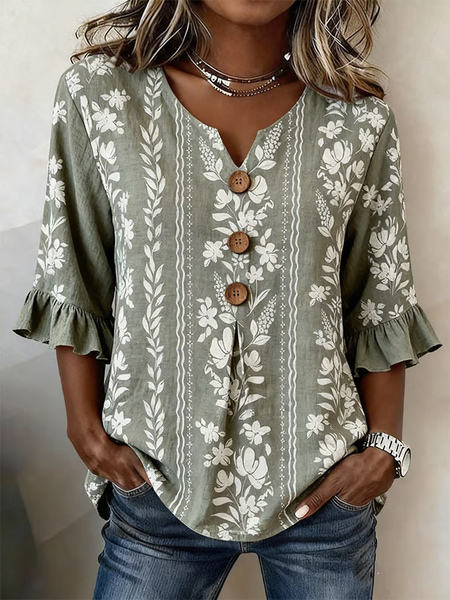 

Women Floral V Neck Half Sleeve Blouse Printing Vintage Daily Summer Top, Green, Blouses