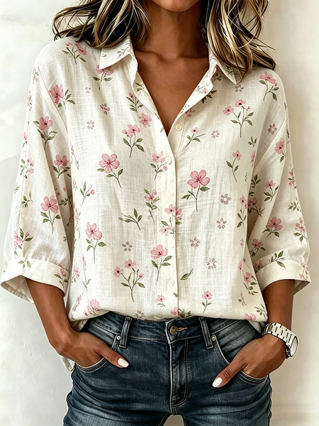 

Shawl Collar Half Sleeve Botanical Pattern Lightweight Loose Blouse For Women, White, Shirts