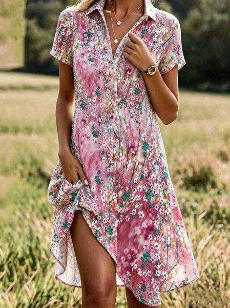 

Women Floral Summer Dress Shirt Collar Short Sleeve A-Line Dress, Pink, Dresses