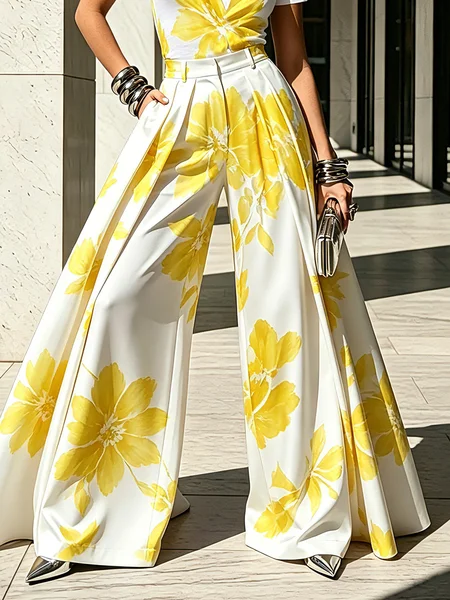 Urban Floral Printing Wide Leg Pants