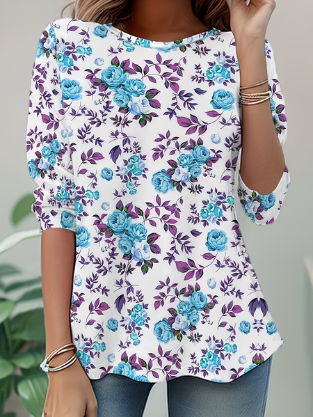 

Casual Floral Crew Neck Long Sleeve T-shirt, White, T-shirts