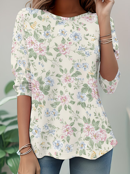 

Casual Floral Crew Neck Long Sleeve T-shirt, Apricot, T-shirts