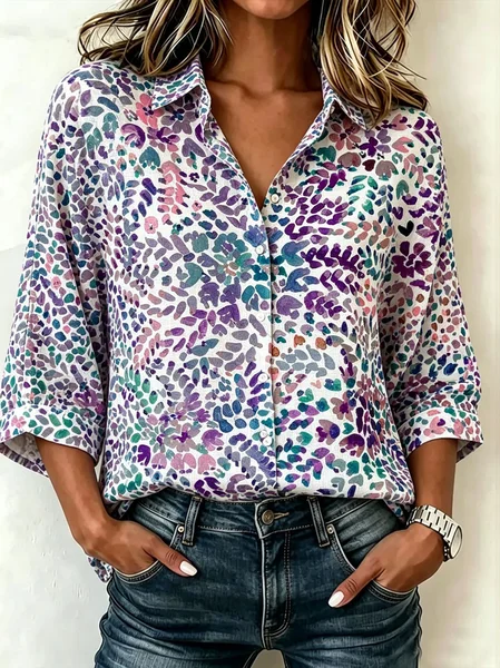 

Shawl Collar Half Sleeve Abstract Regular Loose Shirt For Women, Multicolor, Shirts
