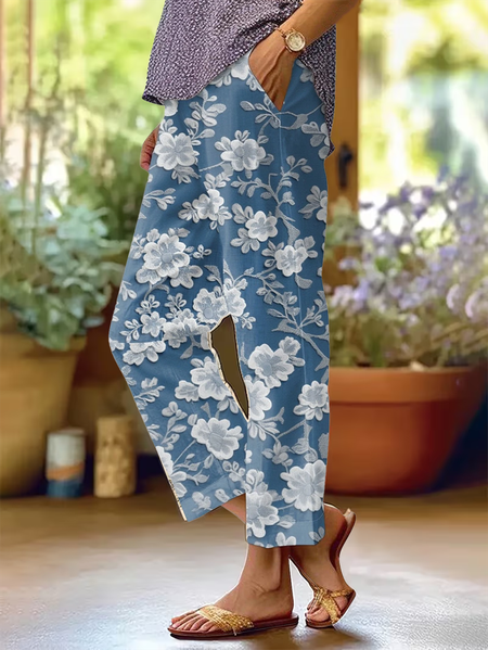 

Women Floral Long Pants Vintage Spring/Fall Trousers, Blue, Pants
