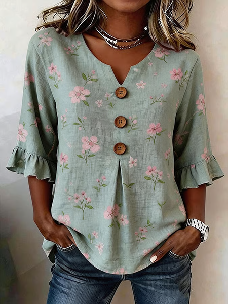

V Neck Half Sleeve Floral Printing Regular Micro-Elasticity Regular Fit Blouse For Women, Green, Blouses