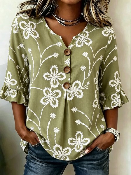 

V Neck Half Sleeve Floral Regular Regular Fit Blouse For Women, Green, Blouses