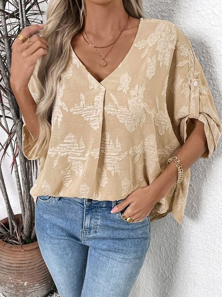 V Neck Short Sleeve Plain Regular Loose Blouse For Women