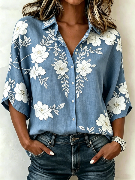 Shawl Collar Half Sleeve Floral Lightweight Loose Blouse For Women
