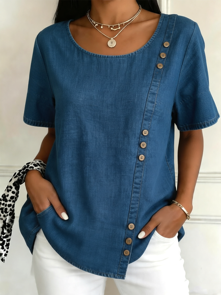 Crew Neck Short Sleeve Faux Denim Print Graphic Regular Loose Shirt For Women