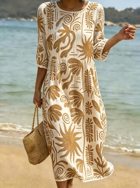 

Women Floral Summer Dress Crew Neck Short Sleeve Fit & Flare Dress A-Line Dress, Khaki, Dresses