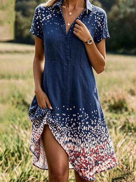 Women Floral Summer Dress Shirt Collar Short Sleeve A-Line Dress