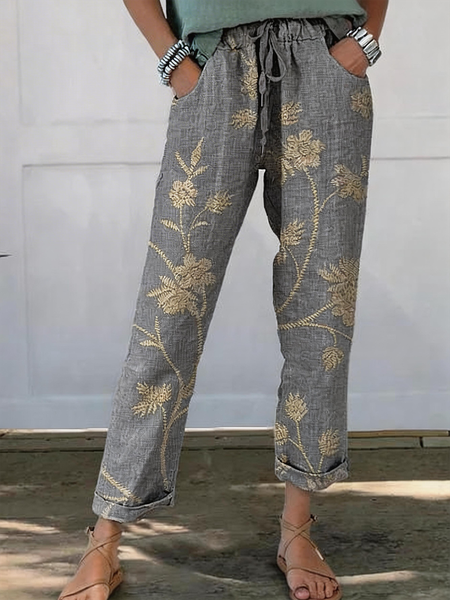 

Women Floral Long Pants Vintage Spring/Fall Trousers, Gray, Pants