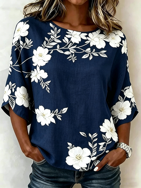 

Crew Neck Half Sleeve Floral Lightweight Loose Shirt For Women, Navyblue, T-shirts