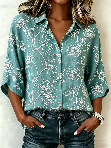 

Shawl Collar Half Sleeve Botanical Pattern Lightweight Loose Blouse For Women, Blue, Shirts