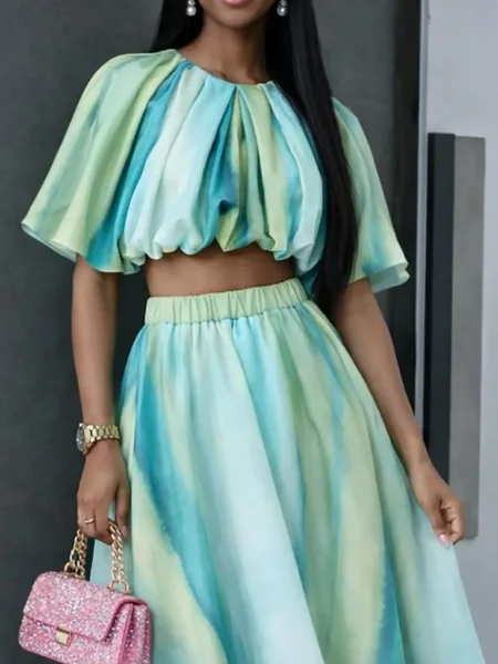 Vacation Gradient Pattern Printing Crew Neck Blouse