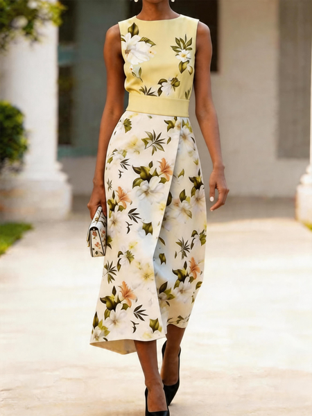 

Women Floral Summer Dress Sleeveless A-Line Dress, Yellow, Dresses